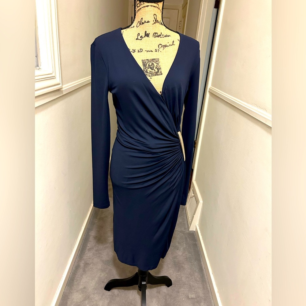 Donna Karan Navy Black Label Faux Wrap Dress -S
